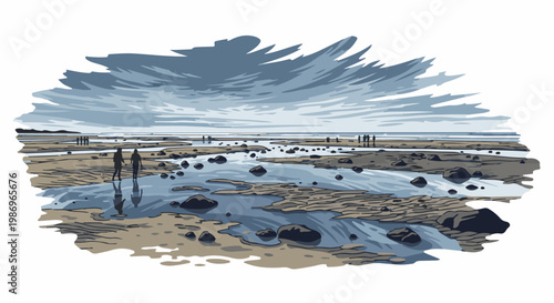 People stroll across a rocky, tidal landscape under a cloudy sky