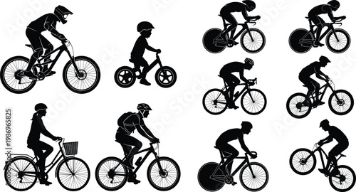 Cyclist silhouettes, mountain biking, road racing, casual commuting, child cycling, bicycle vector, rider poses, sports illustration, outdoor activity, flat vector illustration