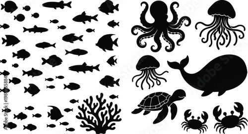 Flat vector illustration of diverse marine life silhouettes including fish, whale, octopus, jellyfish, turtle, crabs, coral, underwater elements
