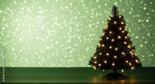 A small Christmas tree with warm lights on a green background