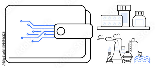 Digital transactions, industrial innovation, pharmaceutical advancements, e-commerce, wallet technology, and medical supply chain. Illustration of a digital wallet, factories and medicine. Digital
