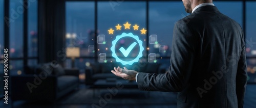 Business success story achieving quality assurance in a modern office setting digital innovation nighttime urban environment professional viewpoint trust and reliability