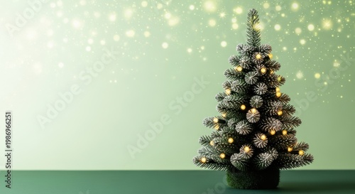 A small Christmas tree with lights on a green background with snowflakes