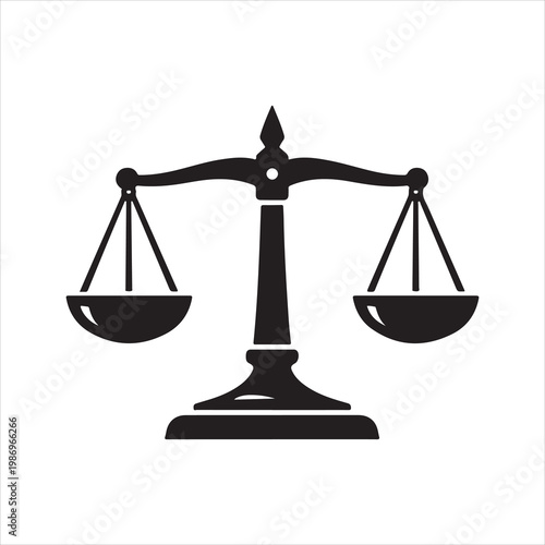 Black and white silhouette of a justice scale symbol isolated on a white background
