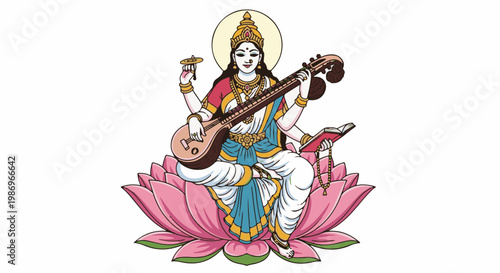 Person adorned in traditional attire plays musical instrument, seated on lotus