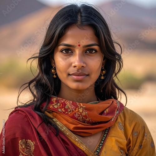 A serene portrait of a young woman with a red bindi, dressed in colorful traditional attire, with desert mountains in the blurred background