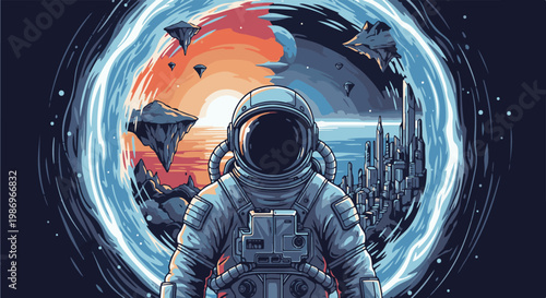 Pixelated astronaut stands before a cosmic portal, witnessing a celestial sunset
