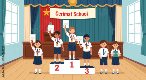 Children celebrate at Cerimat School award ceremony with medals and certificates in a classroom setting