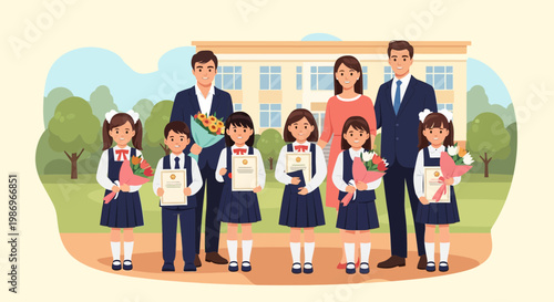 Children celebrate achievement with families in school yard during a sunny day in a joyful event of recognition