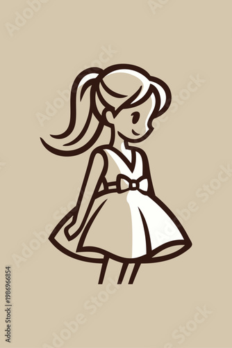 Logotipo de boutique de moda infantil. Dibujo minimalista con líneas de una chica con un vestido adornado con un nudo de lazo