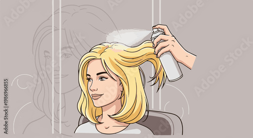 Person applying spray product to blonde hair in a salon