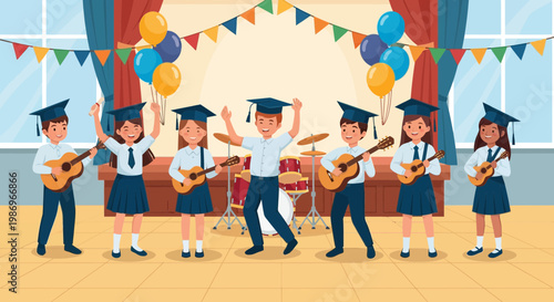 Students celebrate graduation with music and joy at a school event in a cheerful decorated hall during daytime