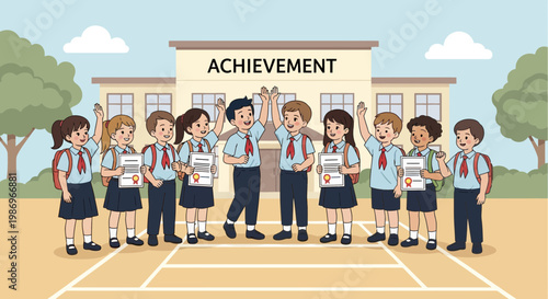 Group of school children celebrating achievements outside a school building during the day with certificates in their hands