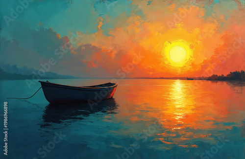 Boat rests on calm sea surface under vibrant sunset sky. Textured brushstrokes create painterly effect. Warm sun colors reflect on water creating peaceful, serene atmosphere.