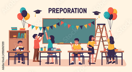 Students prepare classroom decorations for graduation celebration in school during daytime activity