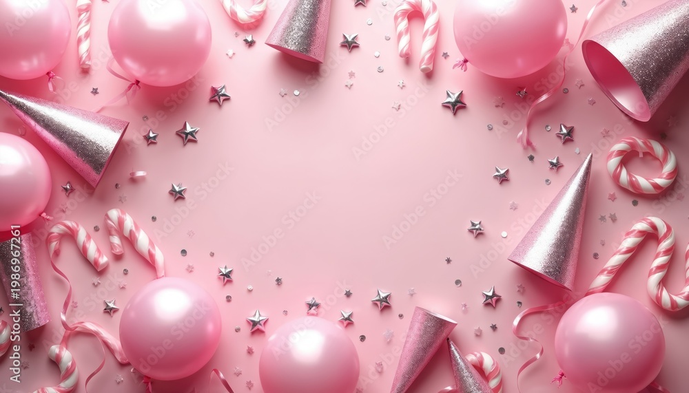 Fototapeta premium Pink birthday party flat lay with balloons, candy canes, confetti stars and party hats. Festive arrangement for a girl celebration or baby shower.