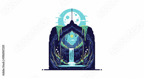 Pixel art cave entrance with waterfall under a pale moon