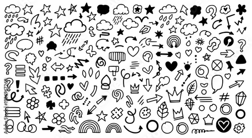 Сollection of various black doodle elements, manga-style illustration pictogram icon set. Transparent SVG version.