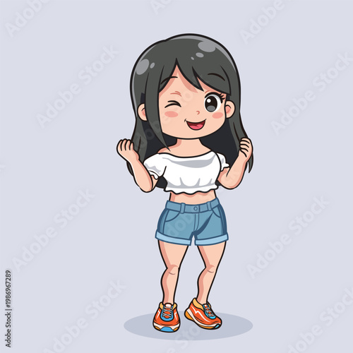 Cute Chubby Girl Cartoon Character, Kawaii Style Happy Child Illustration, Full Body Cute Kid Mascot Design