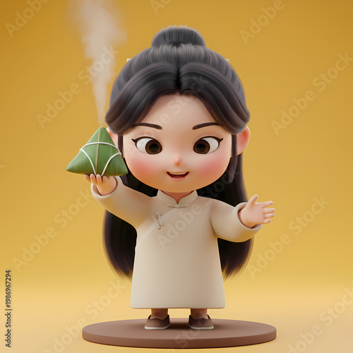 Zongzi Offering by a Chinese Girl on Dragon Boat Festival
