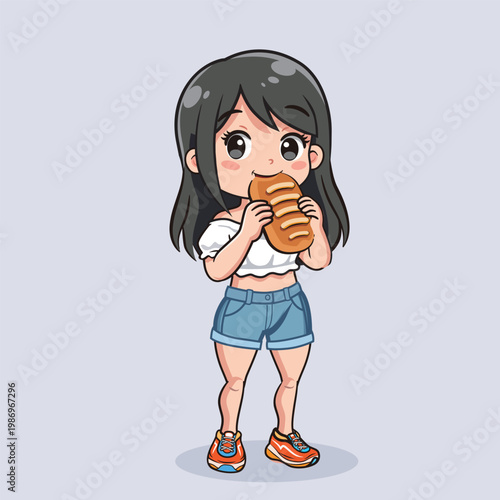 Cute Chubby Girl Eating Bread Cartoon, Kawaii Style Happy Kid Enjoying Snack, Adorable Child Character Illustration