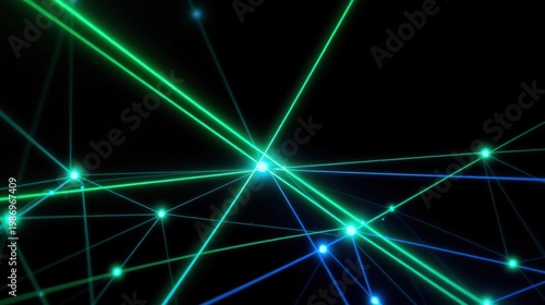 Bright lines connect glowing points against dark background. Abstract network, digital illustration, futuristic design elements present.