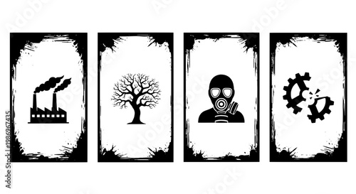 Photos film strip with factory smoke, tree, astronaut face, and gears icons in distressed vintage style