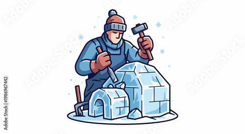 Person carving igloos out of ice blocks with tools in snowy weather