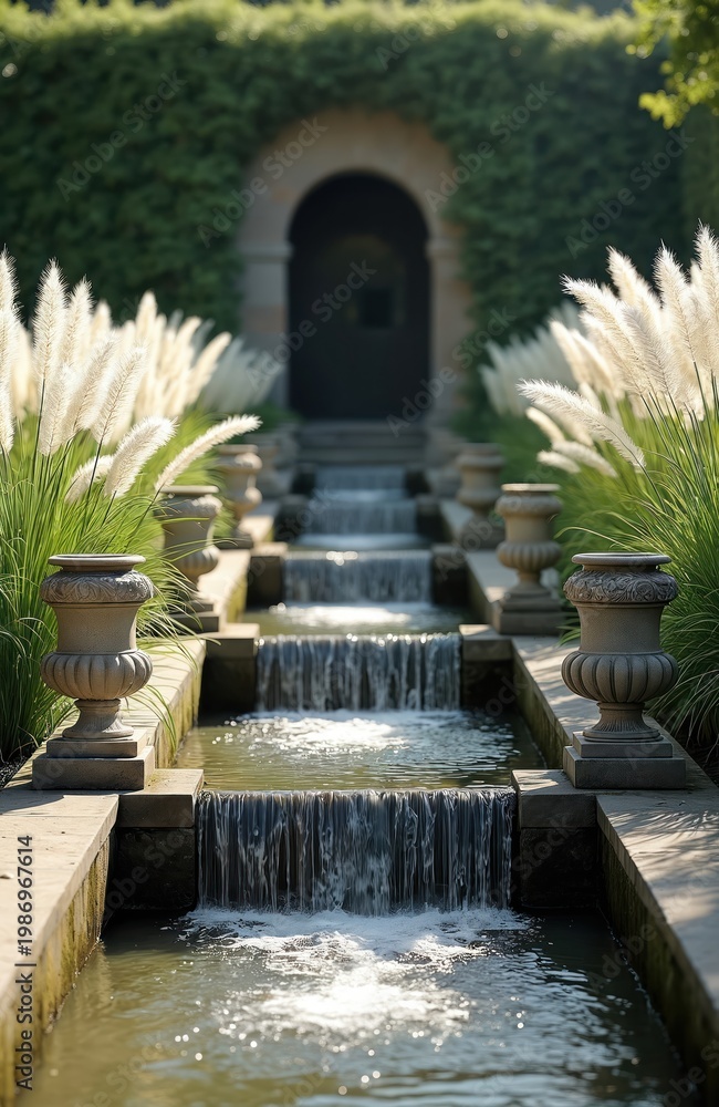 Obraz premium Elegant cascading water feature in a rich garden with ornate urns and tall ornamental grasses. Sunlight illuminates flowing water channels leading to an arched entrance gate.
