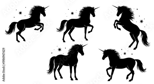 Horse silhouette icons with starry sparkles and multiple poses in bold black vector style on white background