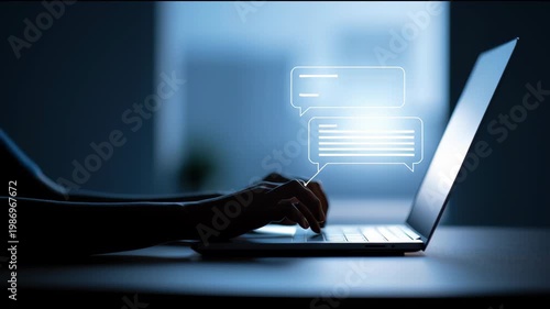 Interact With a Legal Chatbot for Instant Legal Advice in a Home Setting at Night Using a Laptop and Typing on the Keyboard