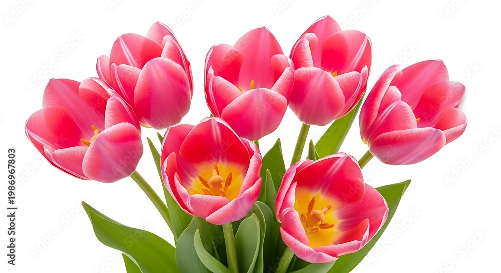 Fototapeta premium A vibrant bouquet of pink tulips with delicate yellow accents isolated on white background