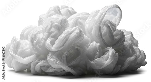 Abstract sculpture depicting crumpled white fabric or cloud-like form isolated on white background