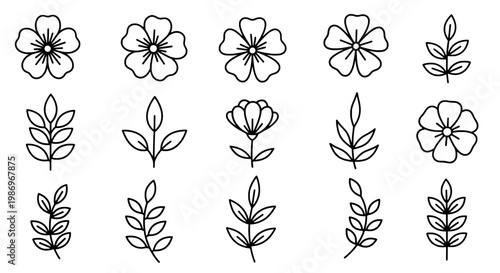 Flower line icons set with simple botanical outlines and leaves, arranged in neat vertical row for design backgrounds