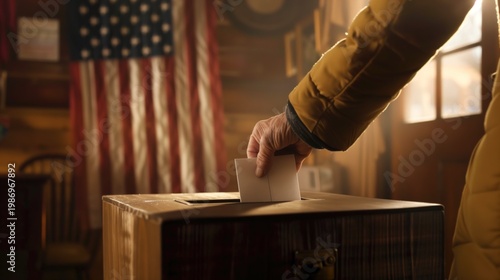 An elderly hand drops a paper ballot into a voting box with a line of people waiting behind. Concept of community participation, public elections, and civic duty in society.