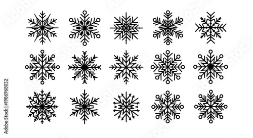 Snowflake icon set with black symmetrical ice crystals on transparent background for winter holiday design