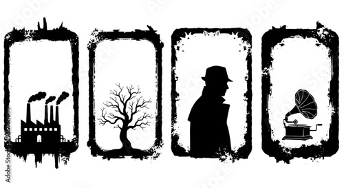 Stained glass window icon set with city skyline, tree, silhouette portrait, and fountain elements in grunge style