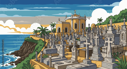 Pixel art cemetery on a cliff overlooking the ocean with a church