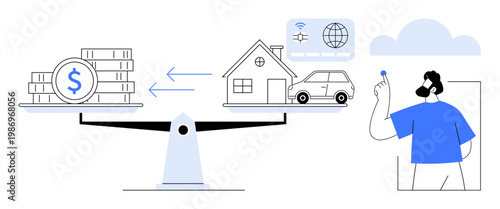 Finance management, digital economy, wealth distribution, housing market, technology adoption, online transactions. Balance scale with money and assets. Finance management and digital economy ideas