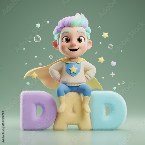 Fathers Day Superhero Kid on Fluffy Letters Pastel Colors