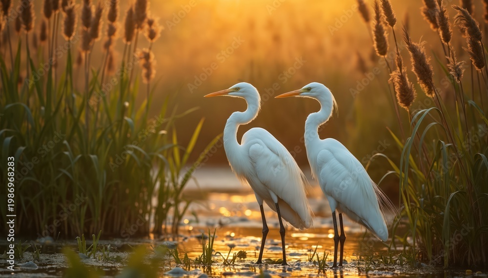 Naklejka premium Two white egrets stand in wetland marsh grasses. Golden hour light illuminates water plants and reeds. Birds are serene and peaceful during dawn or dusk.
