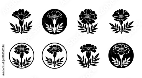 Flower emblem set with black botanical silhouettes and circular badges, featuring layered petals and leafy stems