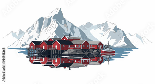 Pixel art village of red houses on stilts with a boat, reflected in water near mountains