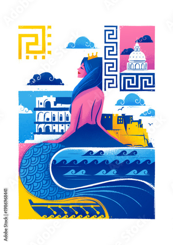 modern illustration of the Gulf of Naples with the Neapolitan siren