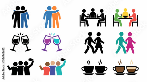 Set of icons representing friendship, togetherness, and social gatherings in a modern, colorful, and graphic style