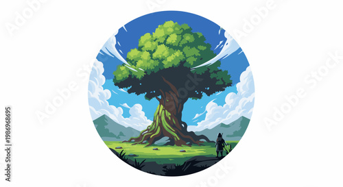 Pixel art of a massive, ancient tree in a grassy field under a blue sky