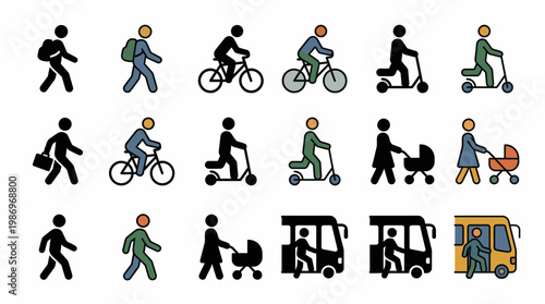 Collection of pedestrian and vehicle icons representing diverse modes of transportation and human movement
