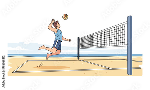 Male athlete jumping to hit volleyball on beach court