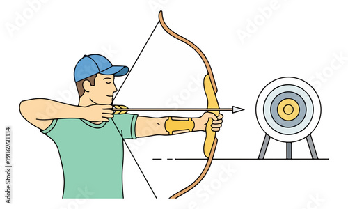 Male archer aiming bow and arrow at bullseye target illustration