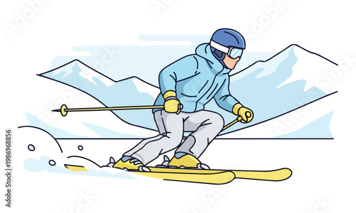 Alpine skier sliding down snowy mountain slope illustration
